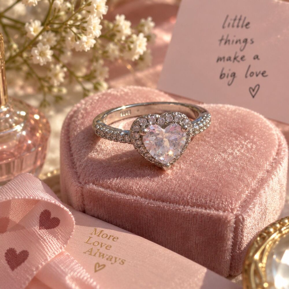 925 Sterling Silver Pink Heart Ring, CZ Halo, Romantic Dainty Love Ring, 6.5